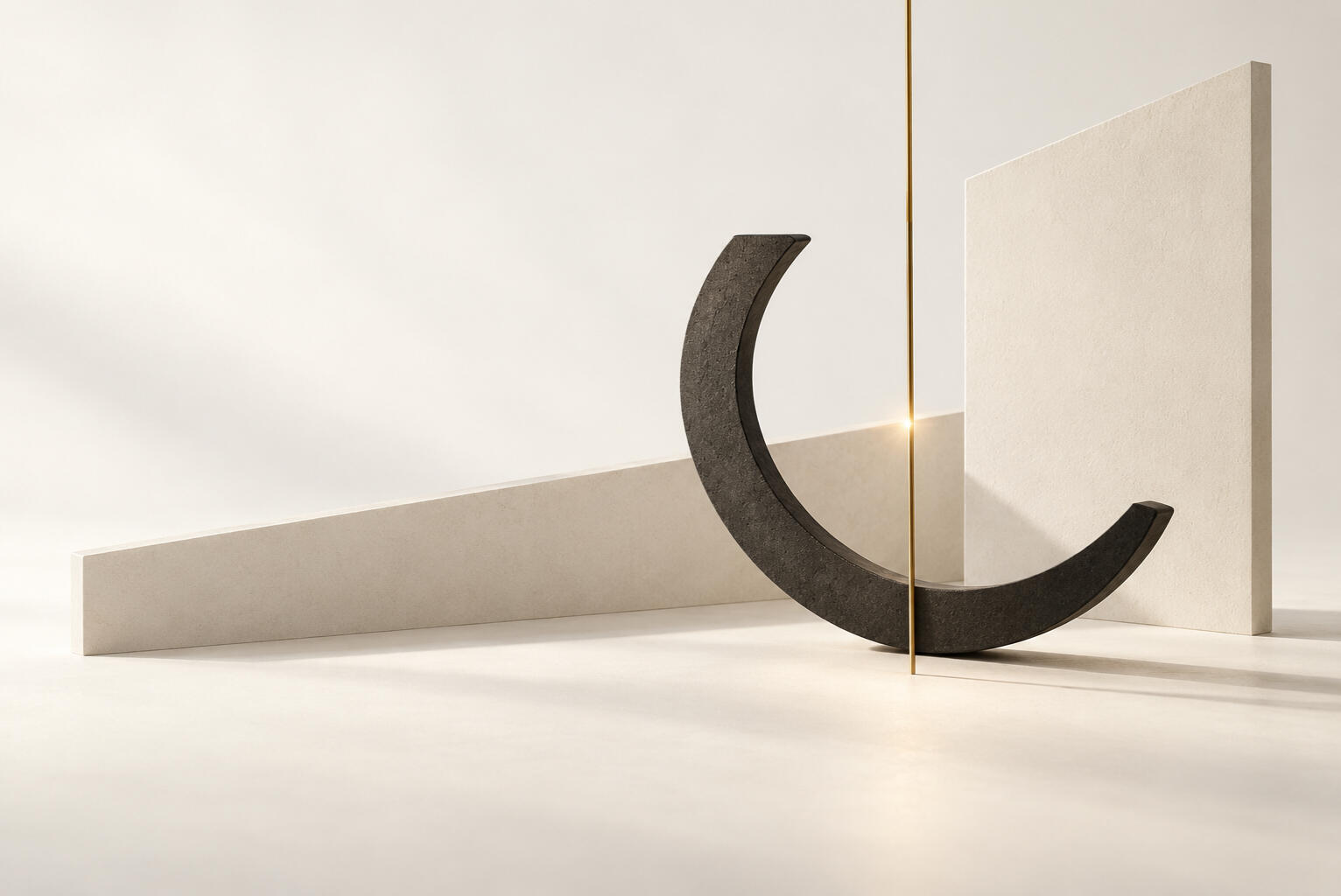 Charcoal arc and ivory architectural forms intersected by a fine gold line of light.